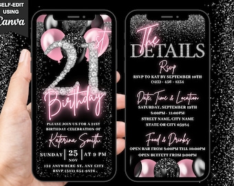 Invito digitale per il 21° compleanno, invito rosa cipria per ragazze con palloncini e diamanti, invito animato per donna, cartolina elettronica con itinerario modificabile.