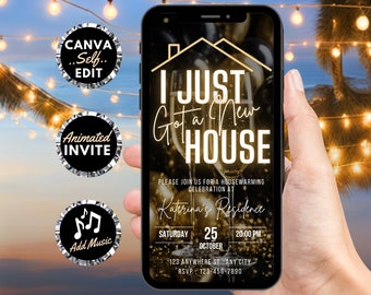 Könnte beinhalten: Eine digitale Einladung auf einem Smartphone-Bildschirm mit einem gold-schwarzen Design. Der Text lautet "I Just Got a New House". Die Einladung ist für eine Einweihungsfeier in Katerinas Residenz am Samstag, den 25. Oktober um 20:00 Uhr. Die Adresse lautet 123 Anywhere St., Any City. Die RSVP-Nummer lautet 123-456-7890.