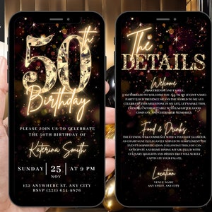 Digitale Video-Einladung zur 50. Geburtstagsparty, 50. Dinner-Party für Frauen, Überraschungs-Einladung für Männer, selbst bearbeitete Reiseplan-eCard