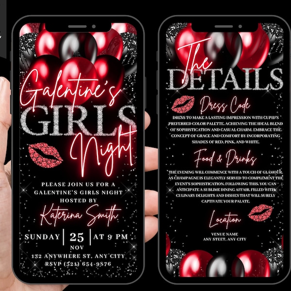 Digital Galentines Day Party Invitation, Friends Animated Valentines Party Brunch Invite, Elegant Girl Night Evite, Editable Itinerary eCard