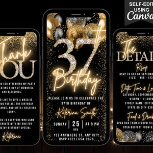 Digital 37th Birthday Invitation, Animated 37th Black Gold Brunch Invite For Men, Dinner Party Evite For Women, Self Edit Template DIY eCard