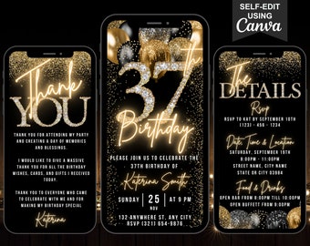 Digital 37th Birthday Invitation, Animated 37th Black Gold Brunch Invite For Men, Dinner Party Evite For Women, Self Edit Template DIY eCard