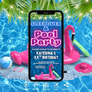 Digital Sleepover Pool Party Invitation. Pink Girls Tropical Summer Invite, Birthday Evite, Video eCard, Slumber DIY Editable Template