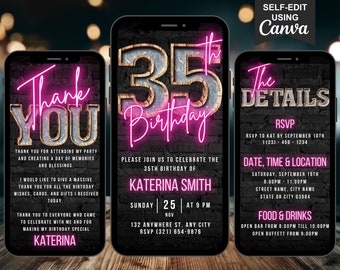 Digital 35th Birthday Invitation For Women, 35th Invite, Rustic Marquee Pink BBQ Party Video Invite For Her, Itinerary & Thank You eCard