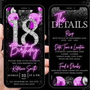 Digital 18th Birthday Invitation, Animated 18th Pink Black Invite For Teens, Diamond Eighteen Evite For Her, Self Editable Itinerary eCard