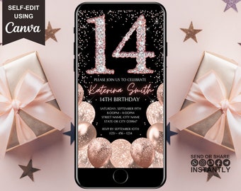 14th Birthday Digital Invitation, Electronic 14th Birthday Party Invite, Rose Gold Diamonds, Instant Download Text Evite, Editable Template