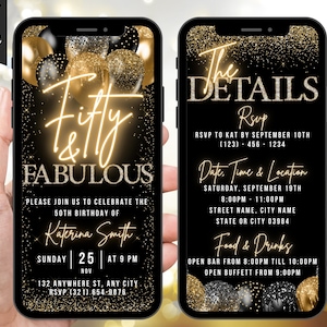 Digital 50 And Fabulous Birthday Invitation For Her, 50th Invite Evite, Animated Gold Fifty Party Invite For Him, Editable Itinerary eCard