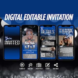 Modern 55th Birthday Invitation Digital Download, Stylish Dinner Party Invite For Men, Editable Blue & Silver Evite, Custom Luxury Template