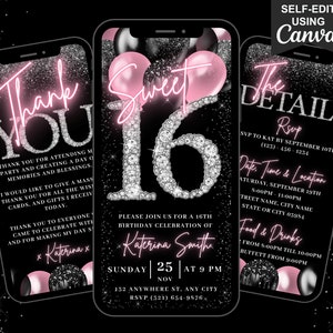 Sweet 16 Sixteen Birthday Invitation, Animated Video Party Invite, Blush Pink Balloon Diamond Evite, Editable Itinerary & Thank You eCard
