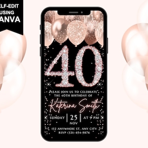 Digitale 40e verjaardagsuitnodiging, geanimeerde roségouden 40 dinerfeestuitnodiging, veertig brunch evite voor vrouwen, zelf bewerkbare sjabloon e-card