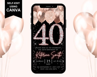 Digital 40th Birthday Invitation, Animated Rose Gold 40 Dinner Party Invite, Forty Brunch Evite For Women, Self Editable Template eCard