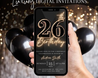26th Birthday Party Invitation, Digital Black Gold Dinner Invite For Men, Black Tie Video Evite For Him, Self Editable DIY Template eCard