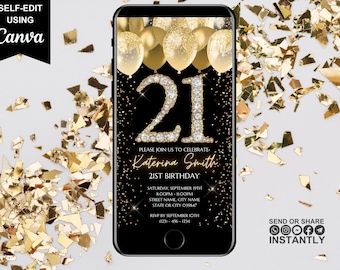 Digital 21st Birthday Party Invitation, Animated Black Gold Brunch Invite, Birthday Dinner Evite For Women, Self Editable Template eCard