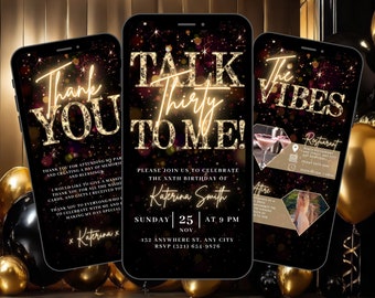 Digital Dirty 30 Birthday Invitation, Talk Thirty To Me Invite, Gold Diamond 30th Party Evite For Women, Self Editable eCard Bundle For Her