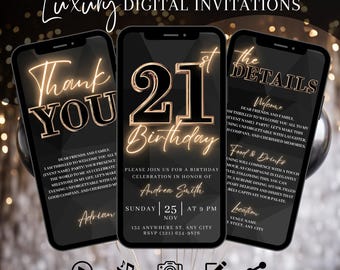 21st Birthday Party Invitation, Digital Black Gold Dinner Invite For Men, Black Tie Video Evite For Him, Self Edit Itinerary Template eCard