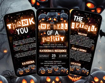 Digital Halloween One Hell Of A Party Invitation, Orange Skull Video Invite, Adult Movie Night Evite, Self Editable DIY Event Planner eCard