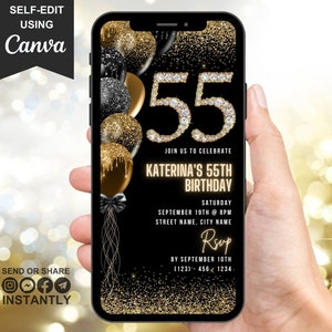 Digital 55th Birthday Party Invitation For Men, 55th Glam Invite Ecard, Video Black Gold Silver Diamond Evite For Him, Editable Template