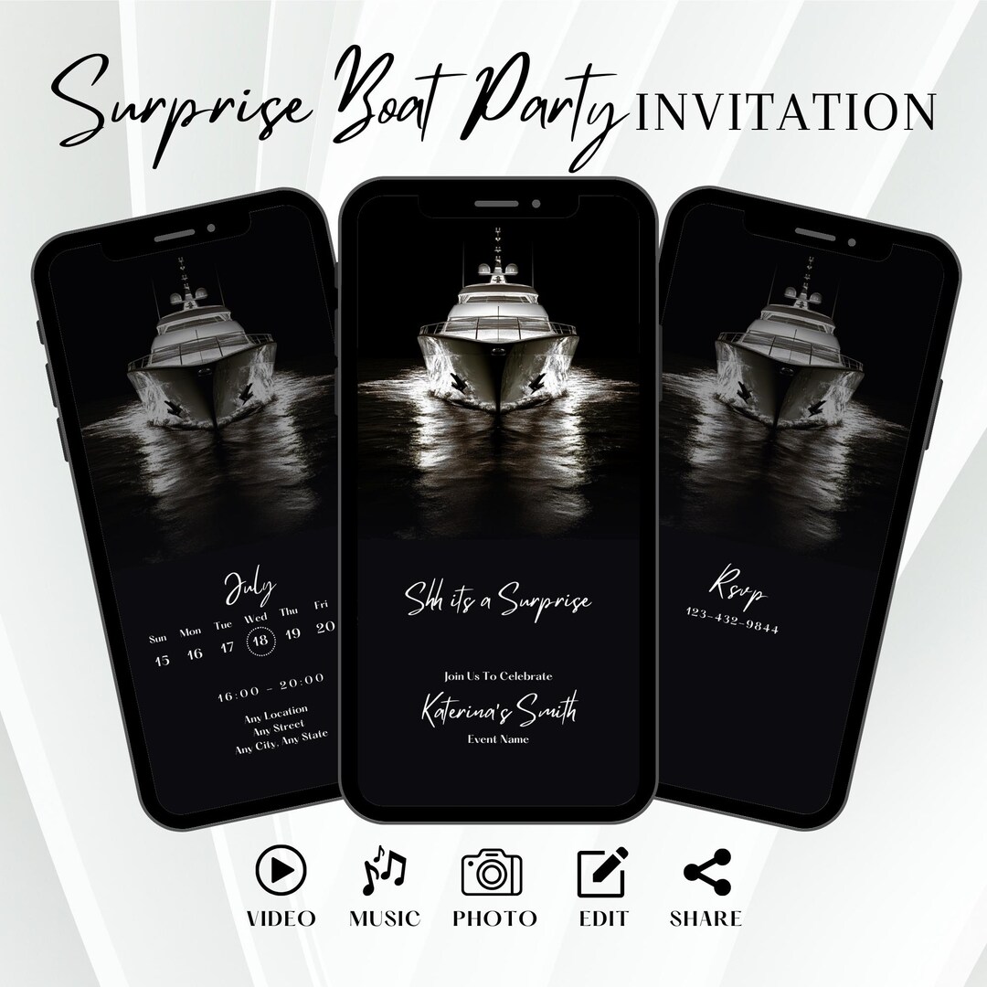 Elegant Boat Surprise Party Invitation, Minimalist Animated Yacht ...