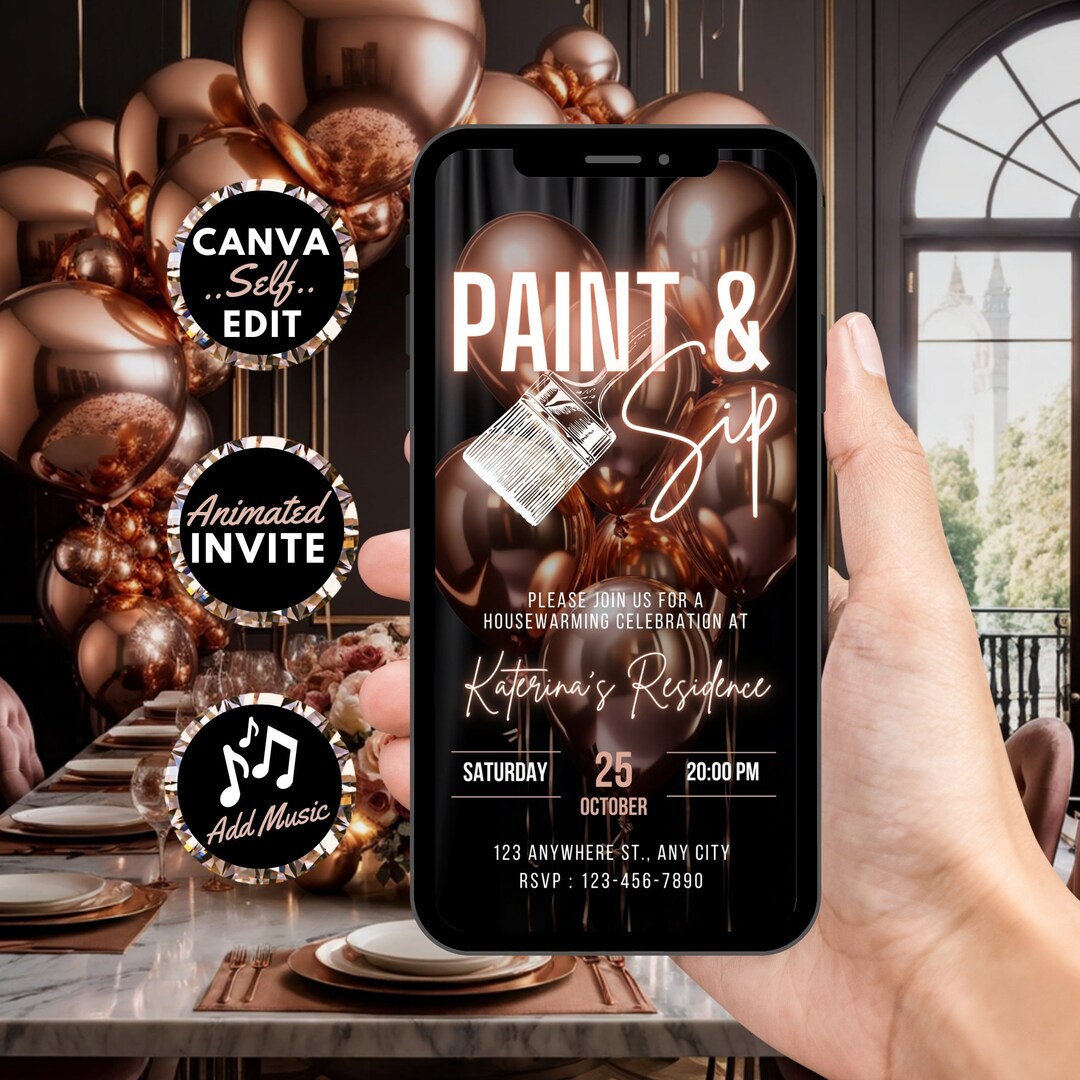 Digital Paint & Sip Invitation, Animated Birthday Celebration Invite for Women, Rose Gold New