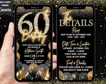 May include: A black and gold digital invitation for a 60th birthday party. The invitation features a large, sparkling diamond-encrusted number 60, with the word "Birthday" in neon lights. The invitation also includes details about the party, such as the date, time, and location. RSVP to Kat by September 10th (123) 456-1234.
