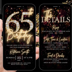 Digital 65th Birthday Party Video Invitation, 65th Invite For Her, Animated Black Gold Silver Diamond Evite, Self Editable Itinerary eCard