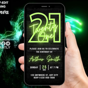 Digital 21st Birthday Party Green Neon Invitation, Electronic Phone Text Message Evite, Editable Animated Template Invite For Boys & Girls