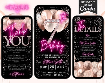 Digital 7th Birthday Invitation, Animated Girls Seventh Party Invite, Kids Rose Gold Diamonds Pink Pajama Evite, Self Editable eCard For Her