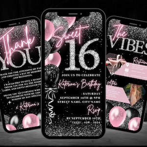 Digital Sweet 16 Birthday Invitation, Animated Sweet Sixteen Party Invite, Blush Pink Diamond Evite, Editable Itinerary & Thank You eCard