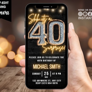 Convite digital surpresa para 40º aniversário, convite masculino para 40º aniversário, convite de telefone rústico para churrasco adulto para homens, cartão eletrônico "Shh, é uma festa surpresa"