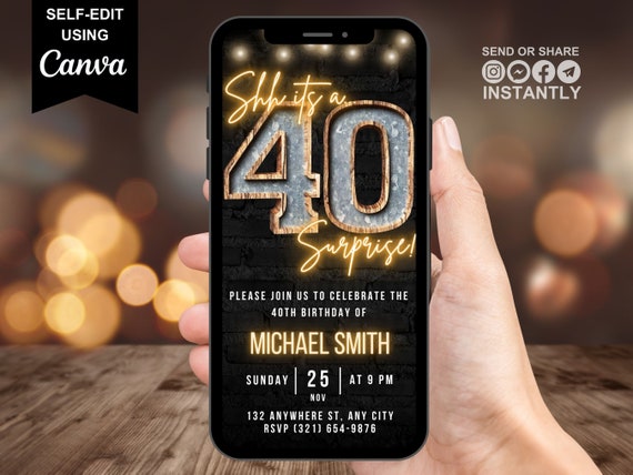 Surprise 40th Birthday Digital Invitation, Men's 40th Invite For Him, Adult Rustic BBQ Phone Evite For Guys, Shh Its A Surprise Party eCard