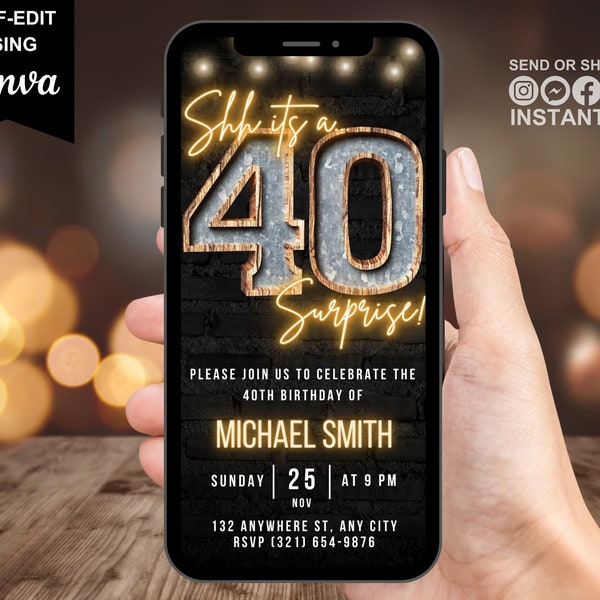 Surprise 40th Birthday Digital Invitation, Men's 40th Invite For Him, Adult Rustic BBQ Phone Evite For Guys, Shh Its A Surprise Party eCard