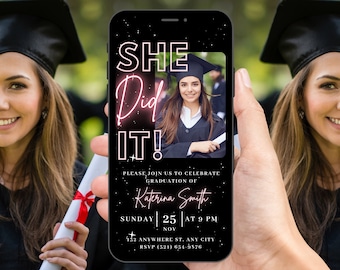 Digital Photo Graduation She Did It Invitation, Animated Blush Pink College Announcement Party Invite, Image Evite, Editable Template eCard