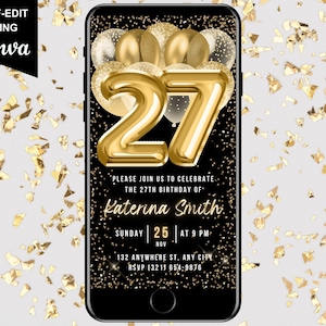 27th Digital Flyer Birthday Invitation, Gold 27 Dinner Party Invite For Women, Brunch Evite For Men, Self Editable DIY Template eCard