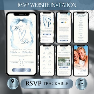 May include: A digital wedding invitation displayed on smartphones. The design features a light blue watercolor bow and text that reads "We Do" and "Olivia & Sebastian." Additional screens show RSVP details, event information, and a photo.
