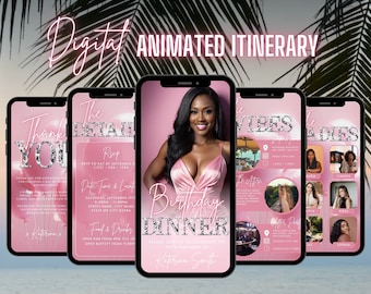 May include: A digital animated itinerary for a birthday dinner party. The itinerary includes a thank you message, details about the event, a list of attendees, and a photo of the birthday girl. The background is a pink gradient with a glittery effect.