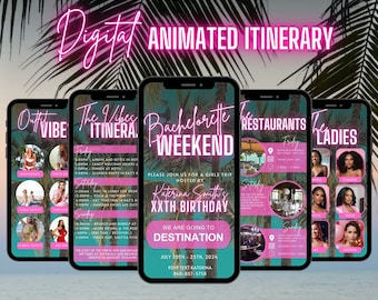 Digital Bachelorette Weekend Invitation, Animated Travel Itinerary, Bach Vegas Pink Vacation Schedule Evite, Self Editable Planner Template