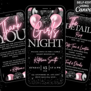 Digital Girls Night Out Invitation, Animated Blush Pink Birthday Invite, Bachelorette Party Evite, Self Editable Itinerary & Thank You eCard