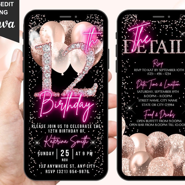 Digital 12th Birthday Invitation, Animated 12th Party Invite, Cute Rose Gold Diamonds Neon Pink Font, Editable Text Evite, Itinerary eCard