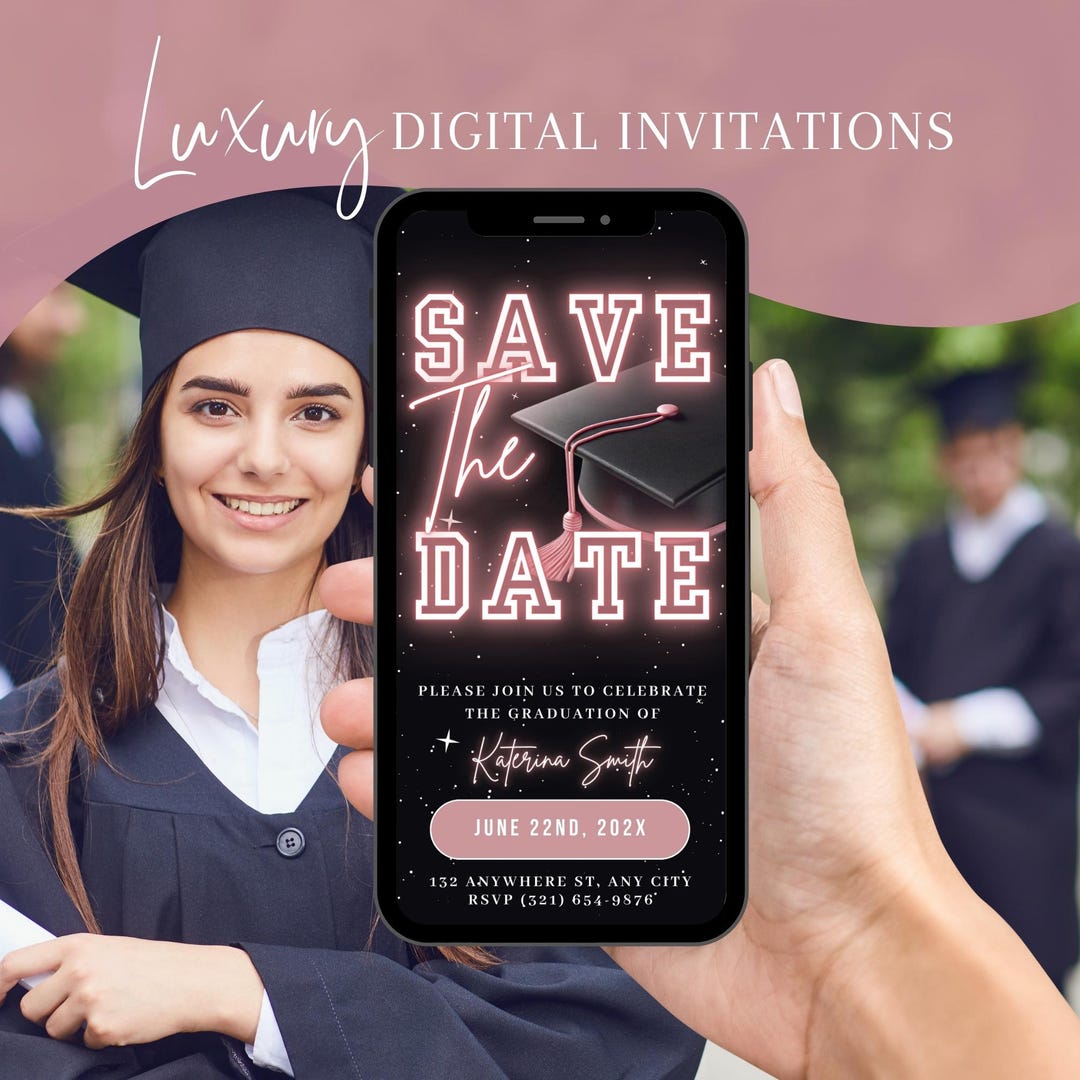 Digital Graduation Save the Date Invitation, Pink Class of 2026 Invite ...
