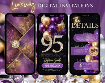May include: Digital invitation design with a luxurious theme. The design features three smartphones displaying invitation details. The invitations have a purple and gold color scheme, with the number 95 prominently displayed. Text includes event details.