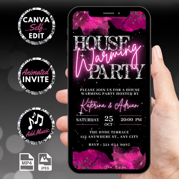 Digital Housewarming Party Invitation, Animated New Home Invite, Hot Pink Diamond Neon Invite, Phone Text Evite, Canva Editable Template