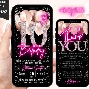 Invitación digital para décimo cumpleaños, invitación animada para décimo cumpleaños para niñas, lindo texto de diamantes en oro rosa de Evite, tarjeta electrónica de agradecimiento autoeditable