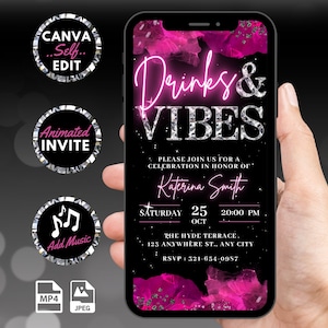 Digital Drinks And Vibes Invitation, Animated Hot Pink Ladies Night Out Invite, Girls Birthday Dinner Evite, Self Editable Template eCard