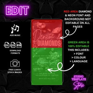May include: A digital template for a party invitation with a red and green background. The top half of the background is red with a blurred image of diamonds and the text "Denim & Diamonds". The bottom half of the background is green with text that says "Please join us to celebrate (event name) Katerina Smith Saturday 25 Oct 20:00 The Hyde Terrace 152 Anywhere St. Any City RSVP (321) 654-9576".
