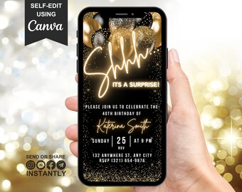 Digital 40th Surprise Birthday Invitation For Men, 40th Invite Ecard, Video Black Gold Silver Party Invite For Him, Self Editable Template