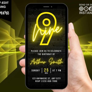 Flyer numérique du 9e anniversaire, invitation vidéo douce neuvième fête pour garçons, néon jaune pour avoir 9 ans, Evite, modèle de carte électronique à éditer soi-même