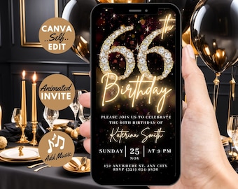 Convite digital para aniversário de 66 anos, convite para jantar surpresa de 66 anos, vídeo Evite com diamantes dourados para mulheres, modelo de cartão eletrônico faça você mesmo com autoedição