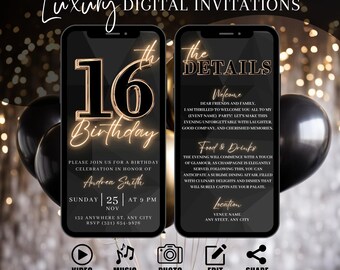 16th Birthday Party Invitation, Digital Black Gold Dinner Invite For Men, Sixteen Video Evite For Him, Modern eCard