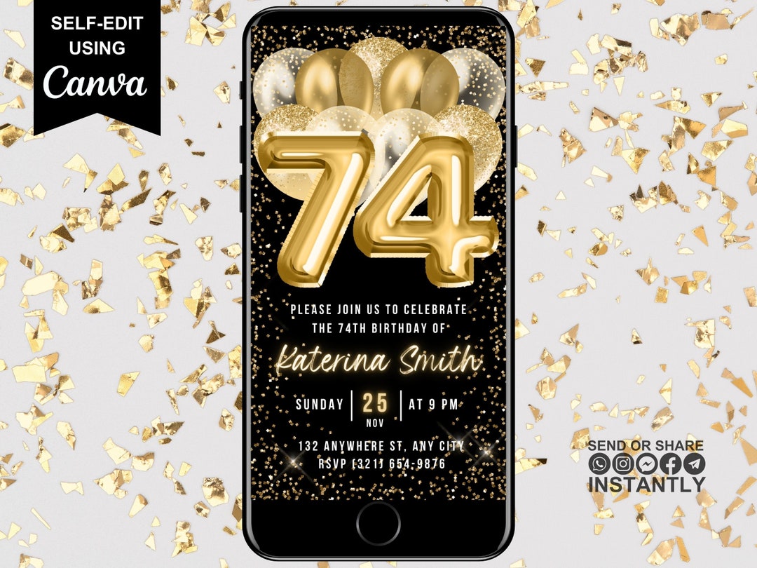 74th Birthday Digital Invitation, Electronic Birthday Party Invite ...