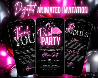 Digital Pool Party Invitation, Animated Birthday Swimming Party Invite, Girls BBQ Beach Pink Evite For Women, Self Editable eCard Bundle